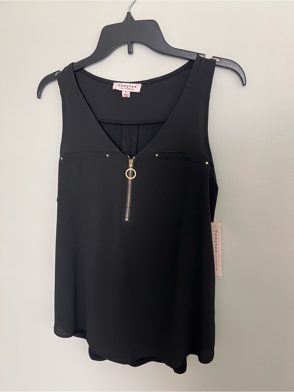 NWT Black Zip-Front Sleeveless Camisole blouse top size S